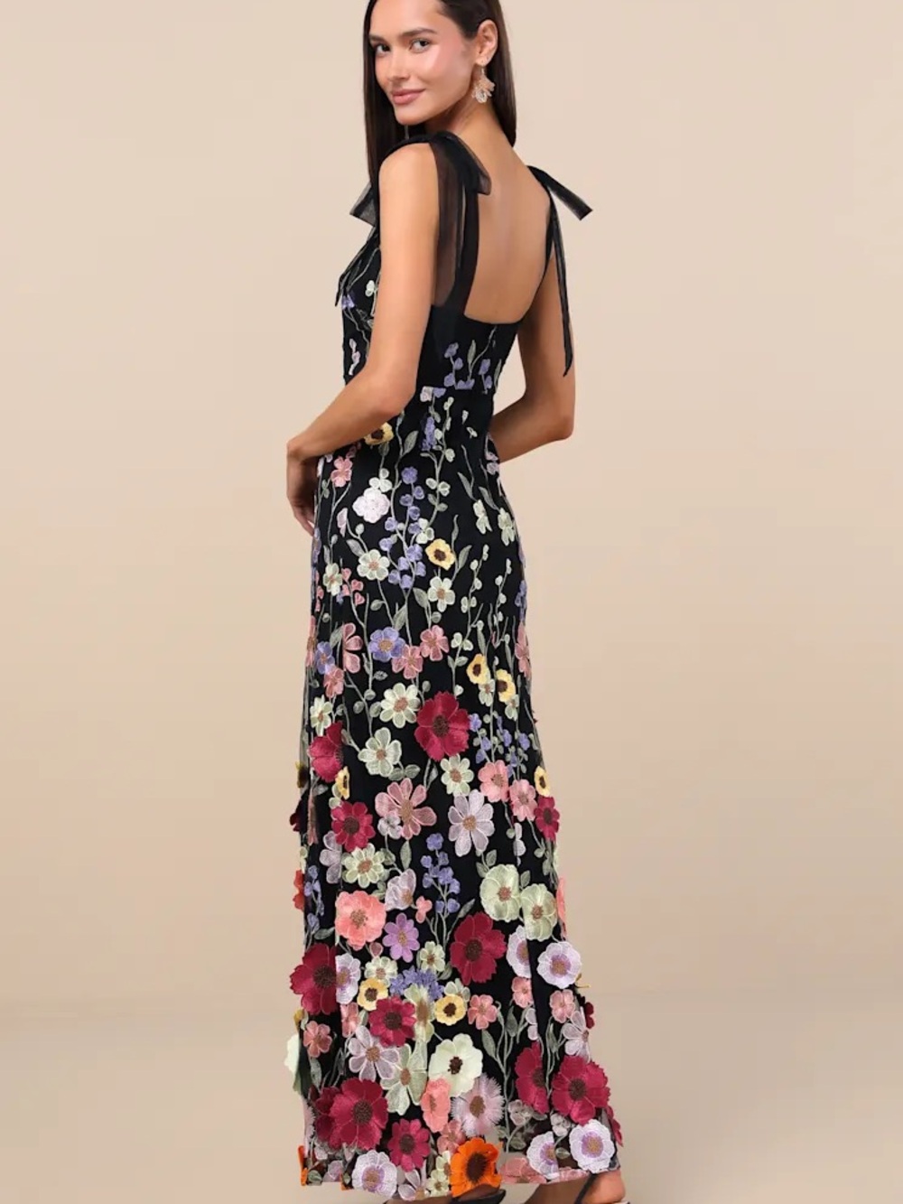 Lulus Thriving Poise Black 3D Floral Embroidered Tie-Strap Maxi Dress NWT Size L - Picture 16 of 17